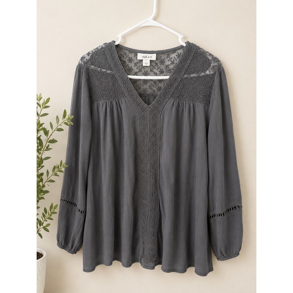Style & Co Gray Embroidered Boho Peasant Blouse Large
